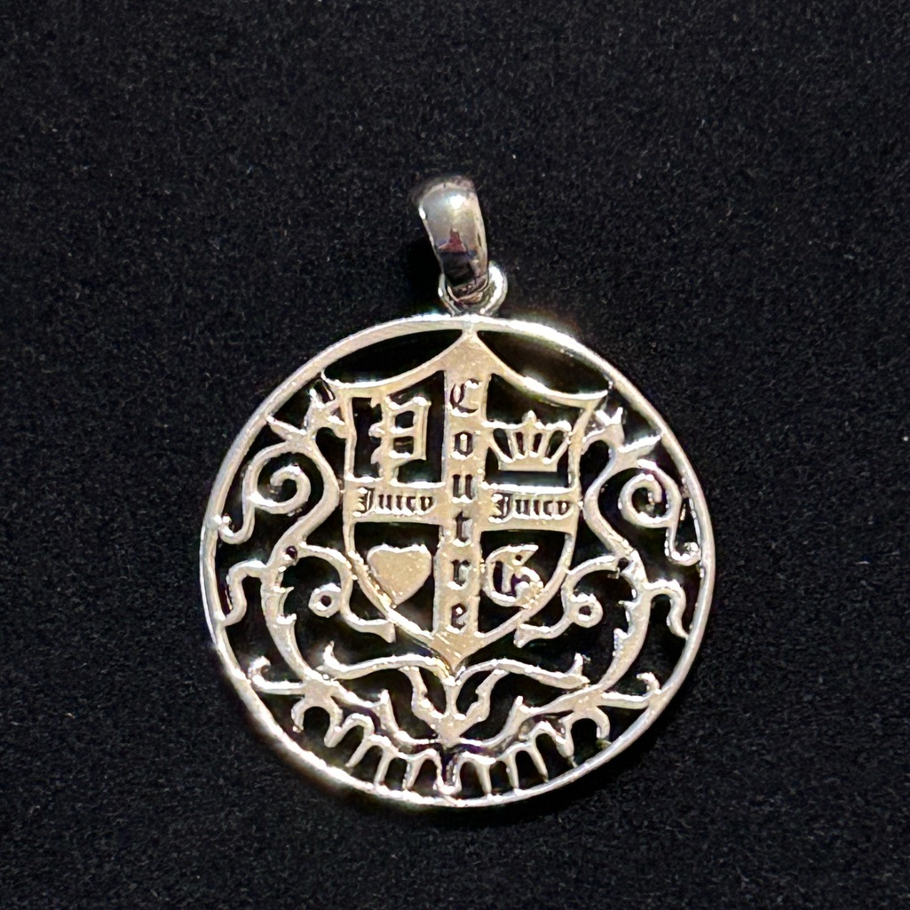 Htf Juicy Couture Silver Round Crest Medallion Coat Of Arms Pendant Necklace